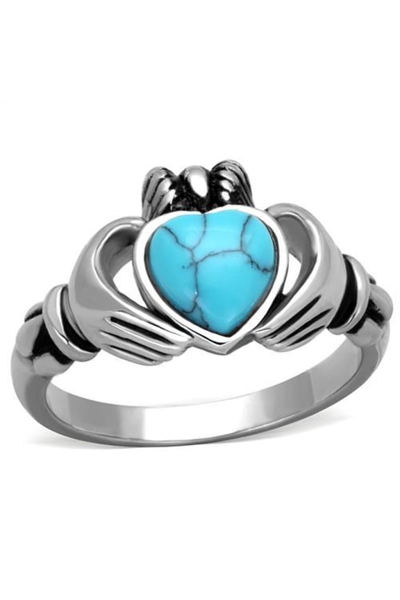 Women's Silver Claddagh Celtic Irish Fashion Comfort Statement Love Ring - Turquoise