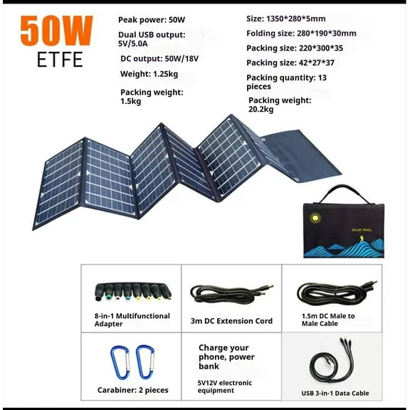 ETFE 50W Portable Foldable Solar Panels Charger, 25% Conversion Rate, IP68 Waterproof for Small Power Station Outdoor Camping RV Trip