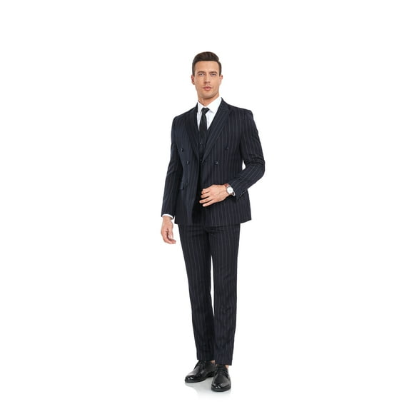 ETHAN 1920s Mens Clothing Navy Blue 3 Piece Pinstripe Slim Fit Suit for Homecoming Young Men L