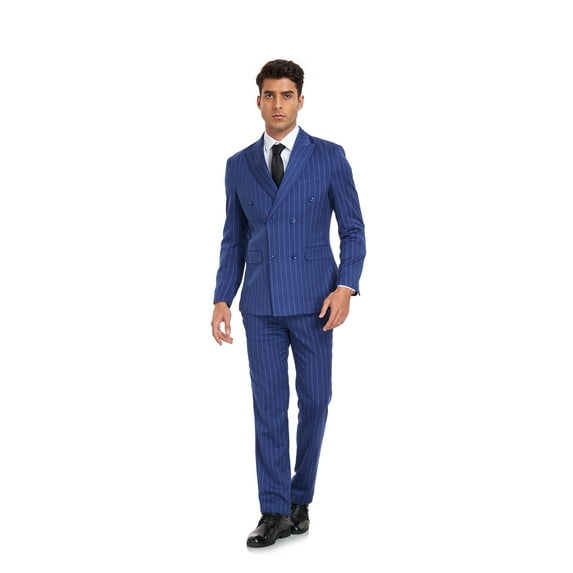 ETHAN 1920s Mens Clothing Royal Blue 3 Piece Pinstripe Slim Fit Suit for Homecoming Young Men L