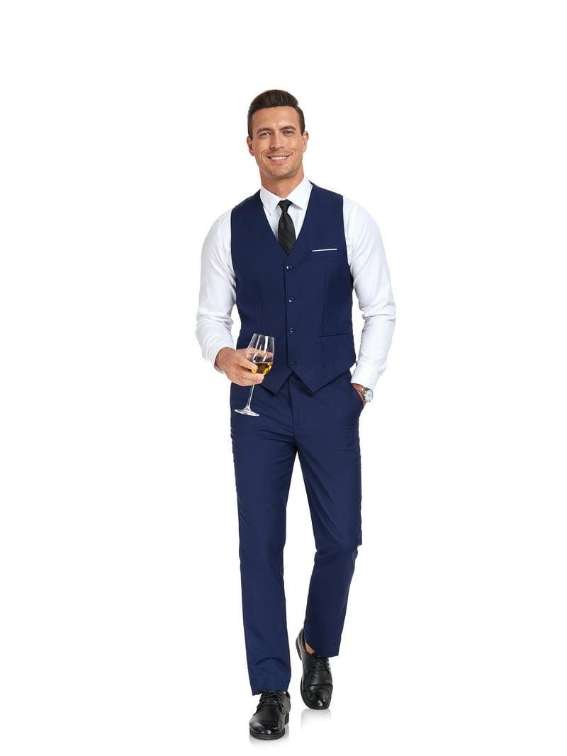 ETHAN 2 Piece Vest Suit for Men Casual Vest Navy Blue Dress Pants for  Business L - Walmart.com, image size:800x1067