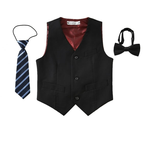 ETHAN 3 Piece Boys' Formal Suit Vest Set with Bowtie and Tie Boys Easter Outfit Black Size 12Y
