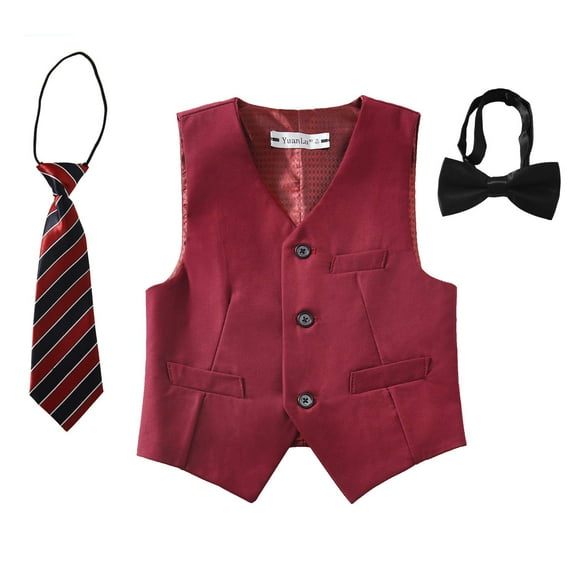 ETHAN 3 Piece Boys' Formal Suit Vest Set with Bowtie and Tie Boys Easter Outfit Burgundy Size 6Y