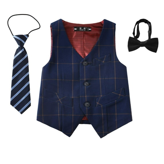 ETHAN 3 Piece Boys' Formal Suit Vest Set with Bowtie and Tie Boys Easter Outfit Plaid Blue Size 7Y