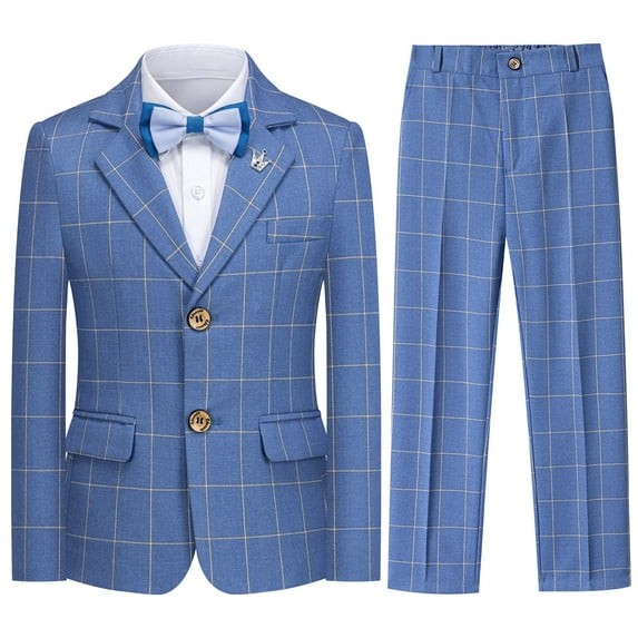 ETHAN 3 Piece Boys Suits for Party Slim Fit Formal Plaid Striped Suit Kids Wedding Outfit Communion Dress Clothes Blue 7 Years