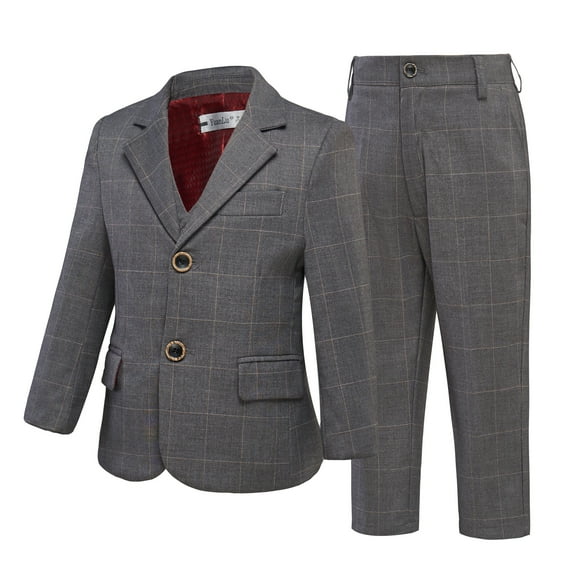 ETHAN 3 Piece Suit for Boys with Plaid Teen Formal Outfit Suit Junior Boy Blazer Grey Size 16 Years