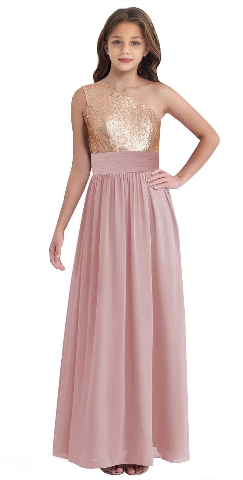 dusty pink junior bridesmaid dress Off the Shoulder Ruched V-Neck Floor Length Junior Bridesmaid Dress main image 1