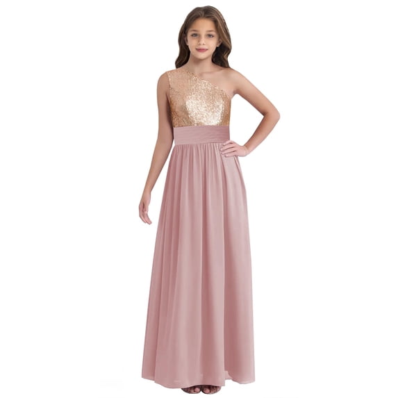 ETHAN A-Line One-Shoulder Floor-Length Chiffon Junior Bridesmaid Dress With Ruffle Dusty Pink Size 14