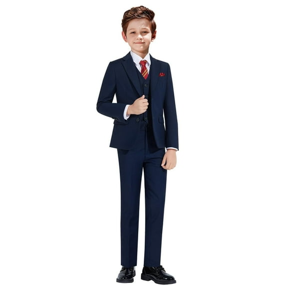 ETHAN All Dark Blue 5 Piece Slim Fit Formal Suit Set for Boys Prom Suit Set Ring Bearer Suit 5Y