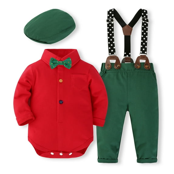 ETHAN Baby Boy Dress Suit Clothes Sets Infant Tuxedo Gentleman Suits Outfits Bowtie Shirt Suspenders Pants Beret Hat 0-24M
