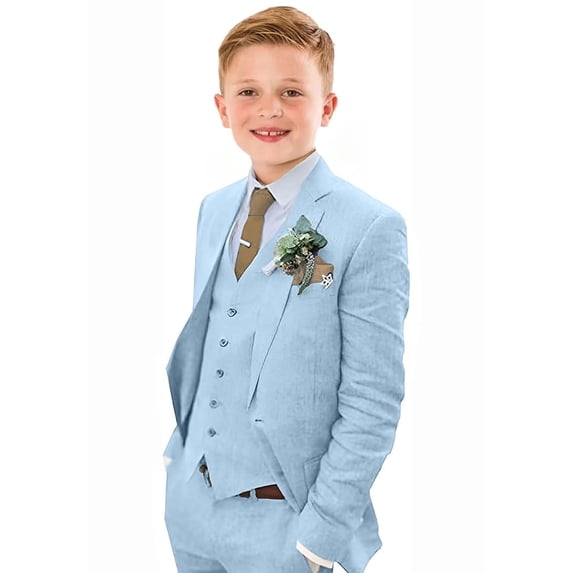 ETHAN Baby Boy Linen Suits Slim Fit 3 Piece Formal Suit for Toddler Boys Wedding Ring Bearer Outfit Kids Tuxedo Dresswear Set Size Sky Blue 4