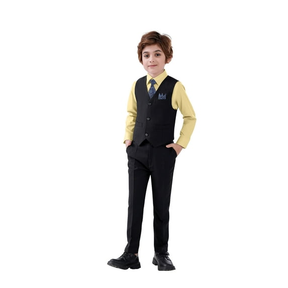 ETHAN Boy's 5-Piece Suit Boys' Formal Suit Set with Vest Pants and Tie Toddler Formal Dresswear Set Yellow 2T