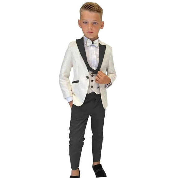 ETHAN Boys Formal Suit for Prom Wedding Black Tuxedo 3 Pieces Floral Jacket Pants Vest Kids Party Blazer Size 6