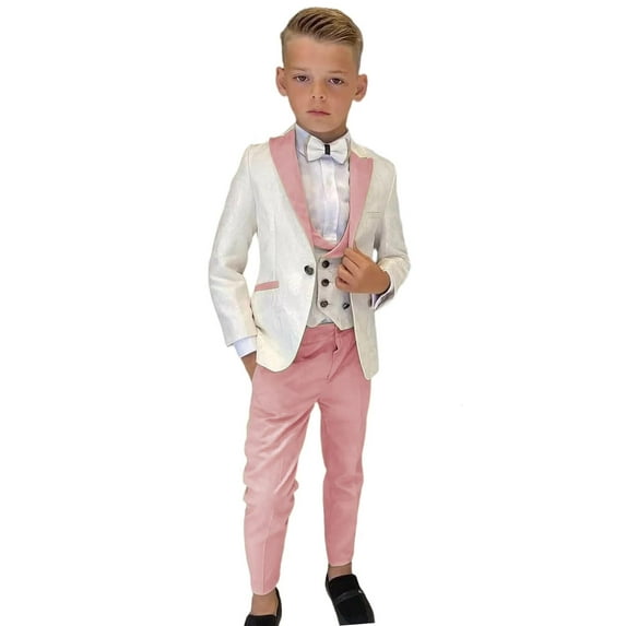 ETHAN Boys Formal Suit for Prom Wedding Pink Tuxedo 3 Pieces Floral Jacket Pants Vest Kids Party Blazer Size 6