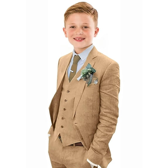 ETHAN Boys Linen Suits Slim Fit 3 Piece Formal Suit for Boys Wedding Ring Bearer Outfit Kids Tuxedo Dresswear Set Size Khaki 10