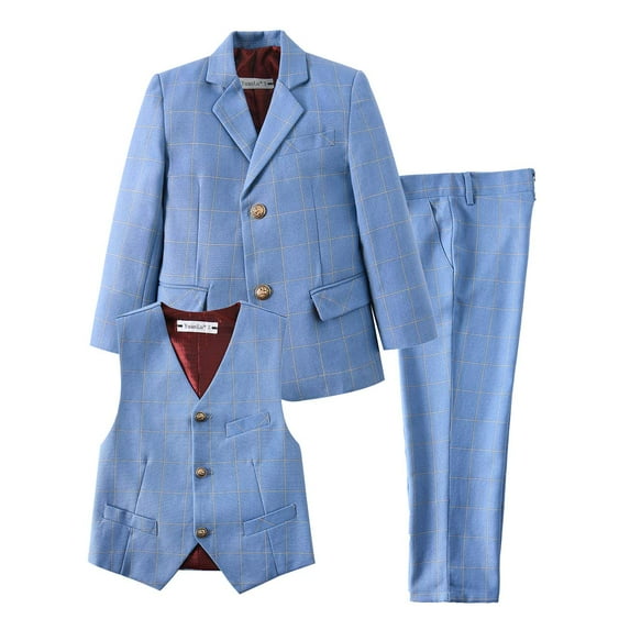 ETHAN Boys Plaid Blue Suit for Boys 3 Pieces Boys Blazer Formal Suit Set for Wedding Boy Suit 2T