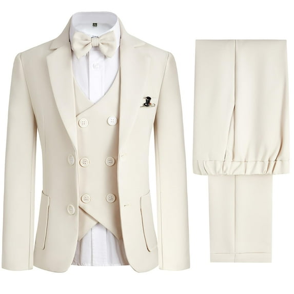 ETHAN Boys Suit 4 Piece Slim Fit Suit for Wedding Formal Wear Ring Bearer Outfit Jacket and Pants Beige 2T