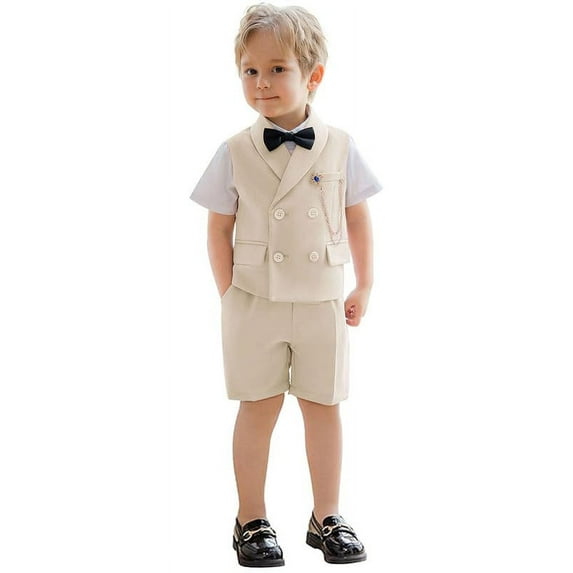 ETHAN Boys Suit Formal Toddler Suits for Boy 4 Pieces Summer Slim Fit Suit Kids Tuxedo Wedding Vest Shorts Set Beige 7 Years