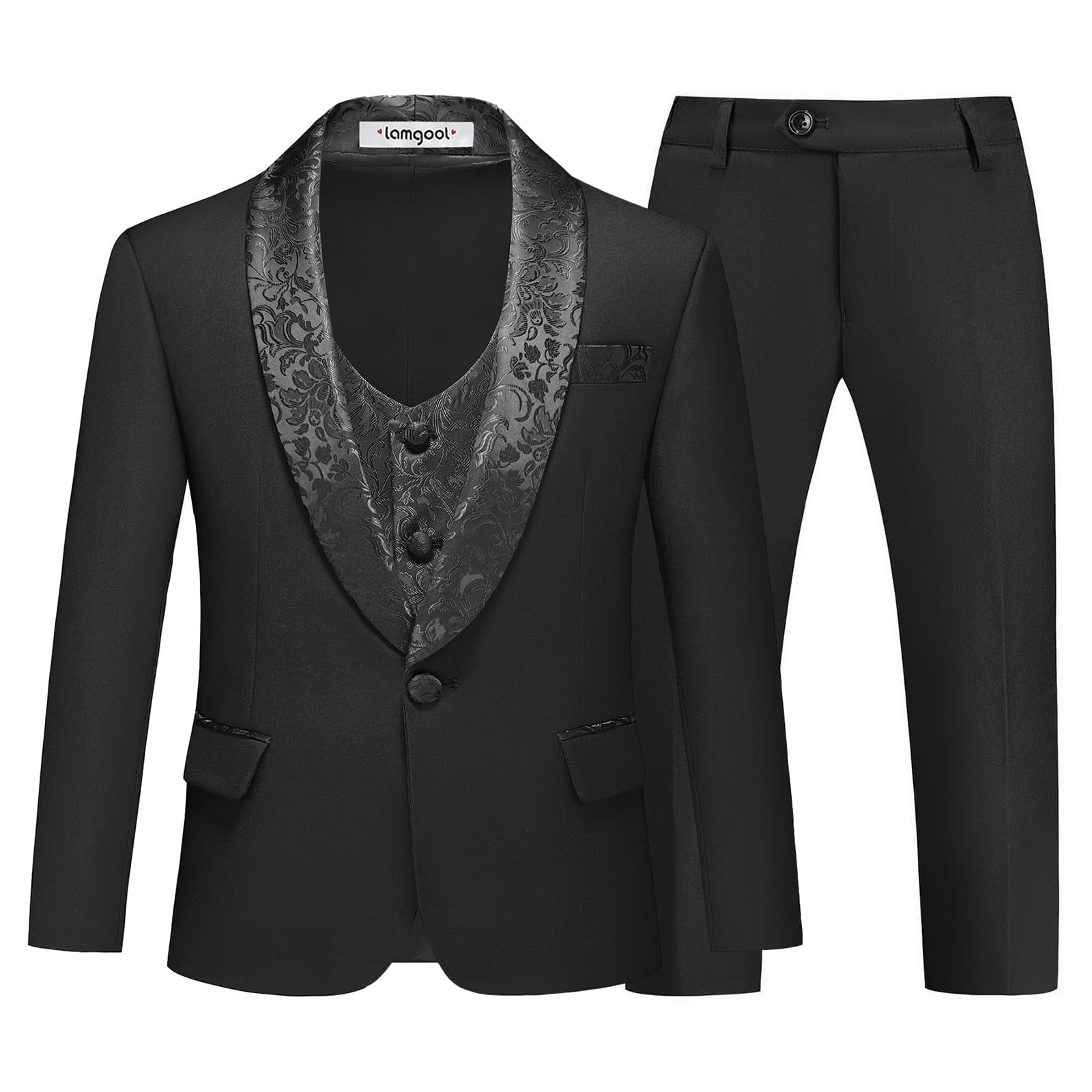 Boys Kids Sizes Tuxedo Suit AFT 3-Buttons Vest Classic Fit Suede Shawl Suit With Adjustable Tie Gray