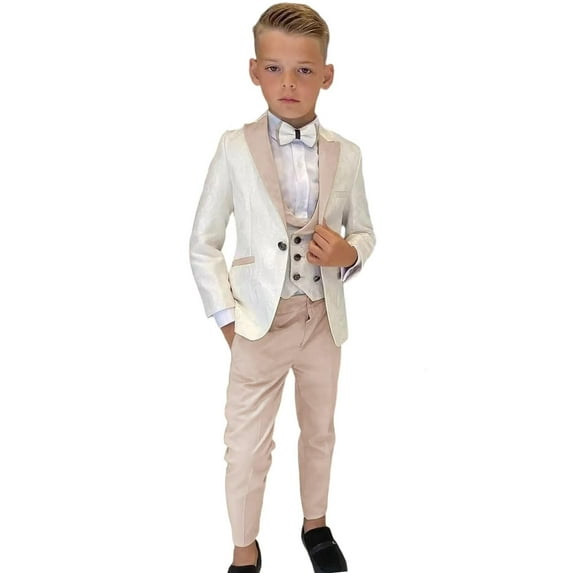 ETHAN Boys Tuxedo Suit for Kids Slim Fit 3 Piece Wedding Tux for Boys Beige and Bianco Suits Size 10
