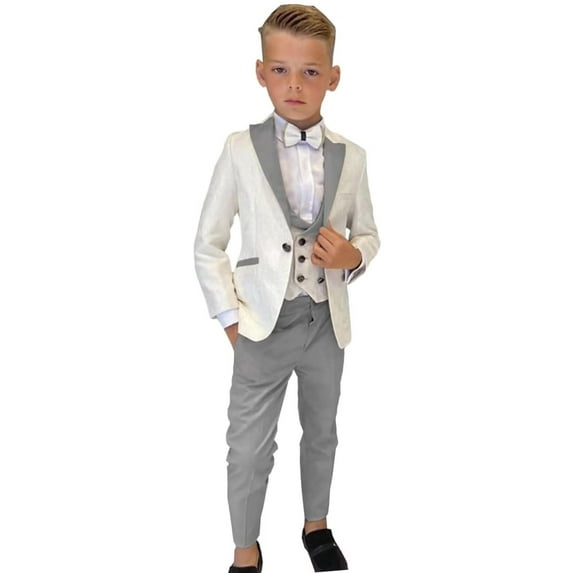 ETHAN Boys Tuxedo Suit for Kids Slim Fit 3 Piece Wedding Tux for Boys Grey and Bianco Suits Size 10