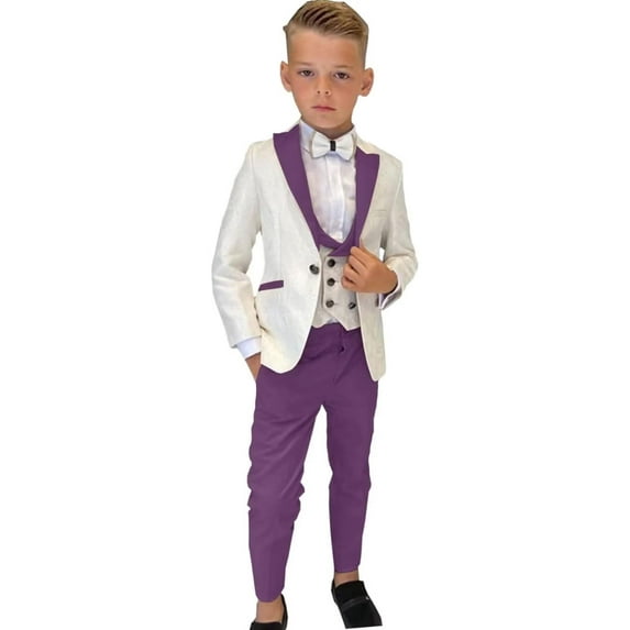 ETHAN Boys Tuxedo Suit for Kids Wedding Suit 3 Pieces Purple Slim Suits for Easter Outfit Boys Size 2T