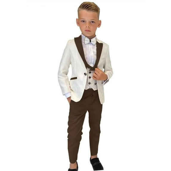 ETHAN Brown Little Boys Tuxedo Suit for Prom Wedding Boys 3 Piece Slim Fit Formal Set One Button Size 4