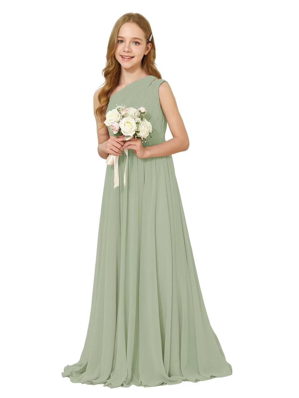 ETHAN Chiffon One Shoulder Bridesmaid Dress for Wedding Floor-Length A-line  Junior Girls Party Gowns Dusty Sage Size 2 - Walmart.com
