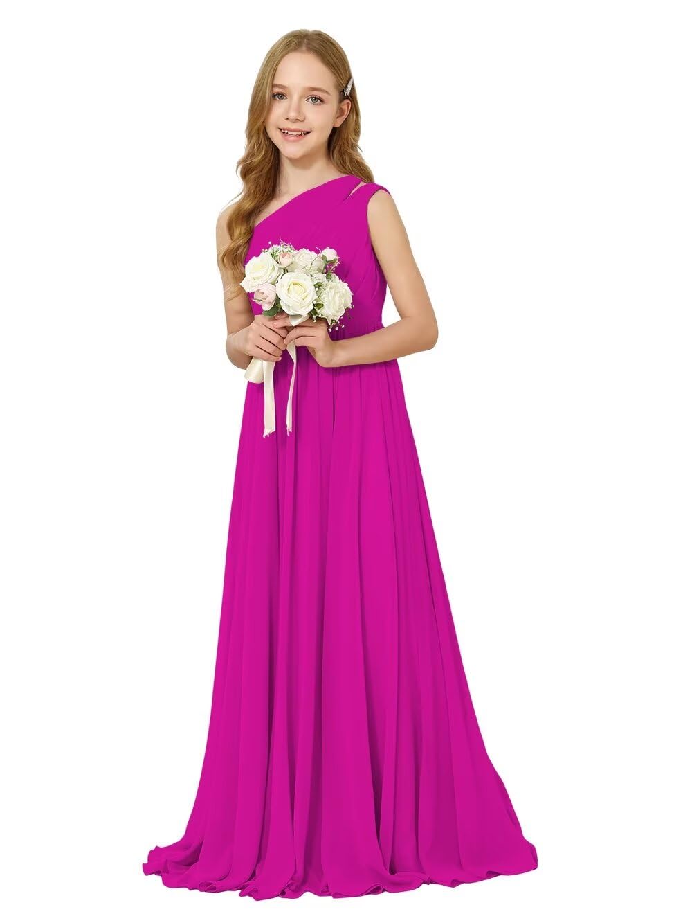 ETHAN Chiffon One Shoulder Bridesmaid Dress for Wedding Floor-Length A-line  Junior Girls Party Gowns Fuchsia Size 10 - Walmart.com
