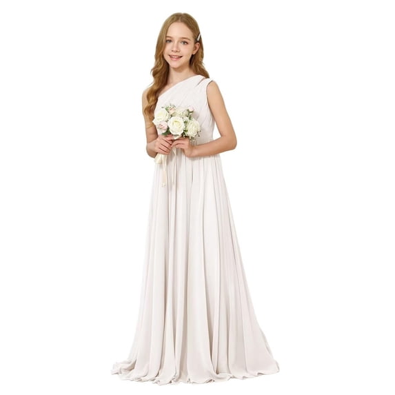 ETHAN Chiffon One Shoulder Bridesmaid Dress for Wedding Floor-Length A-line Junior Girls Party Gowns Ivory Size 4