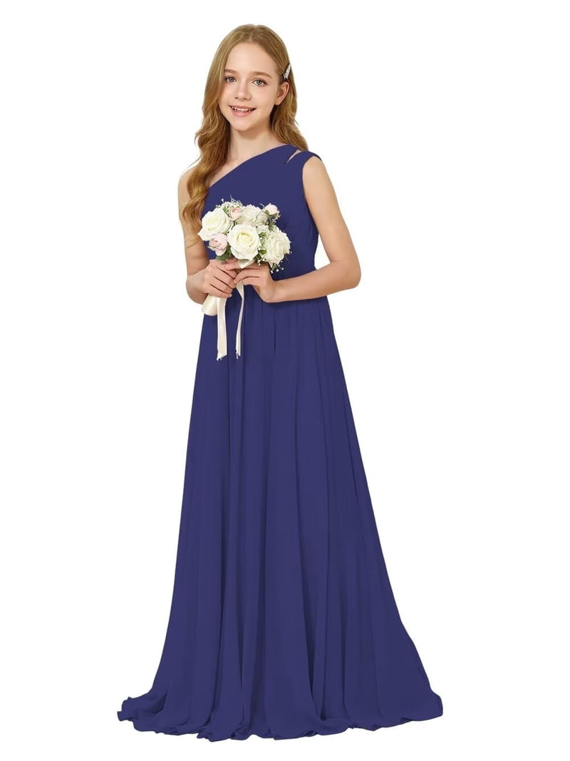 ETHAN Chiffon One Shoulder Bridesmaid Dress for Wedding Floor-Length A-line Junior Girls Party Gowns Navy Blue Size 6