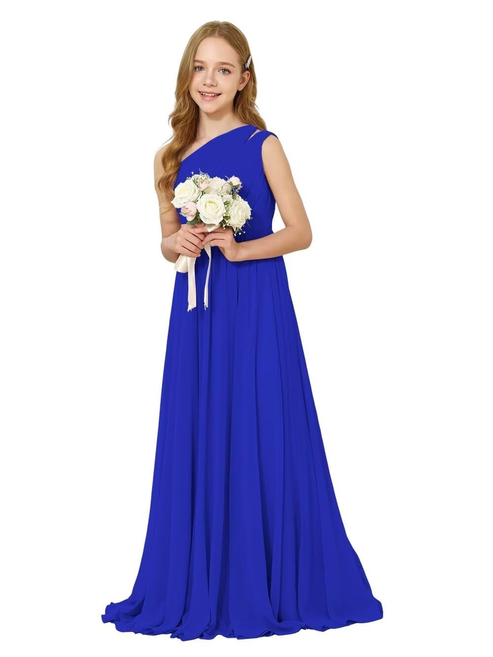Dusty Blue One Shoulder A-line Chiffon Pleated Floor Length Junior Bridesmaid Dress