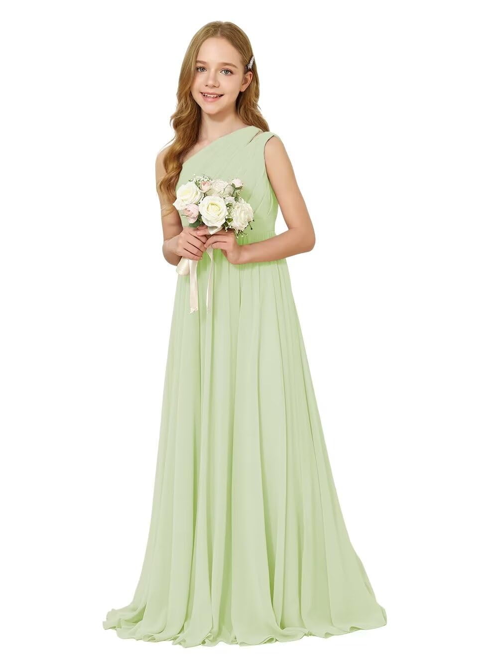 One-Shoulder Slit Detail Long Junior Bridesmaid Dress Green