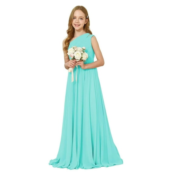 ETHAN Chiffon One Shoulder Bridesmaid Dress for Wedding Floor-Length A-line Junior Girls Party Gowns Turquoise Size 12