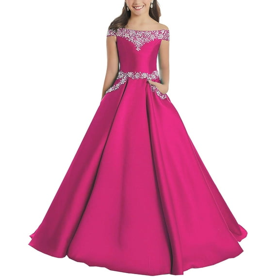 ETHAN Girls Satin Off The Shoulder for Pageant Dresses Long Princess Birthday Formal Party Ball Gowns with Pockets Fuchsia Size 2