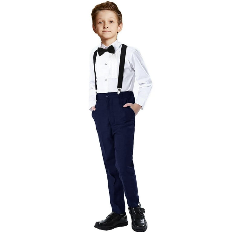 Ethan Kids Boys 4 Piece Formal Slim Fit Suit Set Suspenders Pants Dress Shirt Tie or Bow Tie Navy Blue 14Y Boy s Size 16 Years