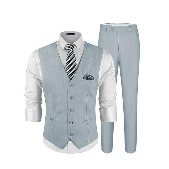 ETHAN Linen Suits for Wedding Men 2 Piece Suits Groomsmen Tuxedos Summer Beach Prom Vest and Pants Set Blue XS