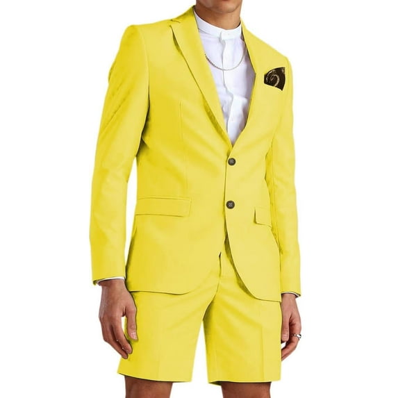 ETHAN Men's 2 Piece Slim Fit Suit for Prom Party Two Button Blazer and Short Pants for Homecoming Set Yellow S