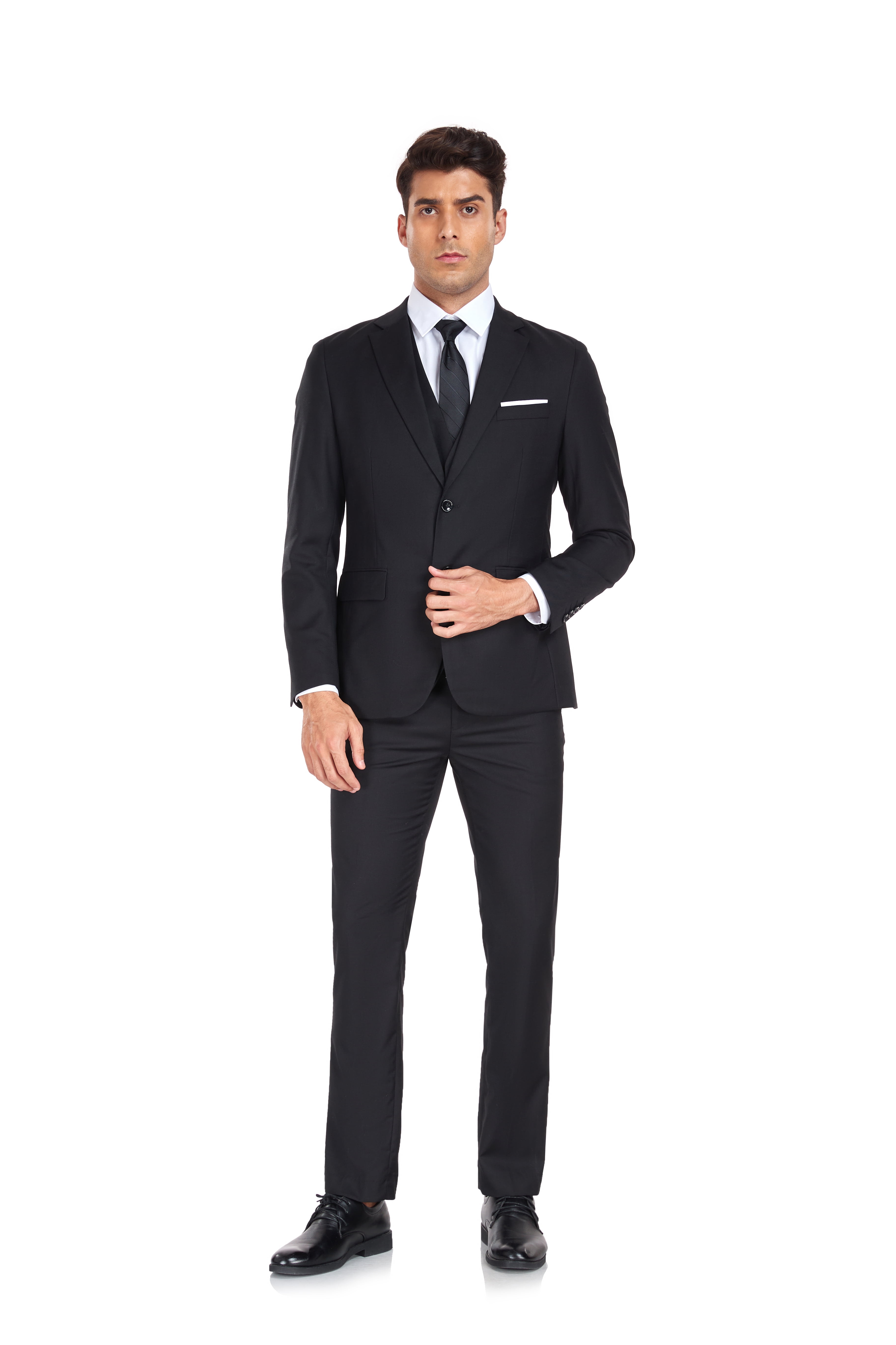 Elegant Men's Slim Fit Three-Piece Suit - Black, 2-Button Jacket With Vest & Flat Front Pants