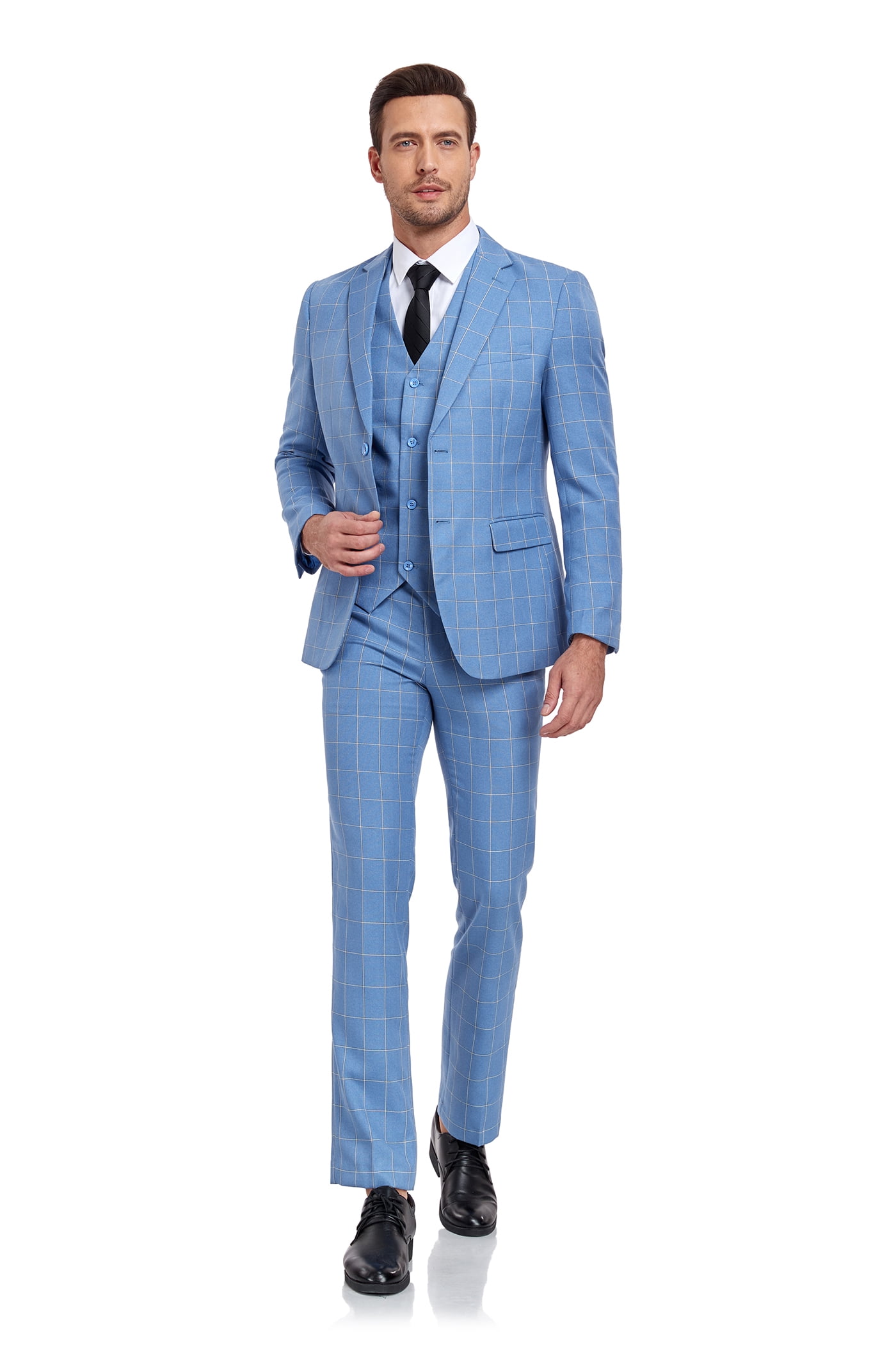 ETHAN Mens 3 Piece Suit Classic Fit Light Blue Piaid Set for Young