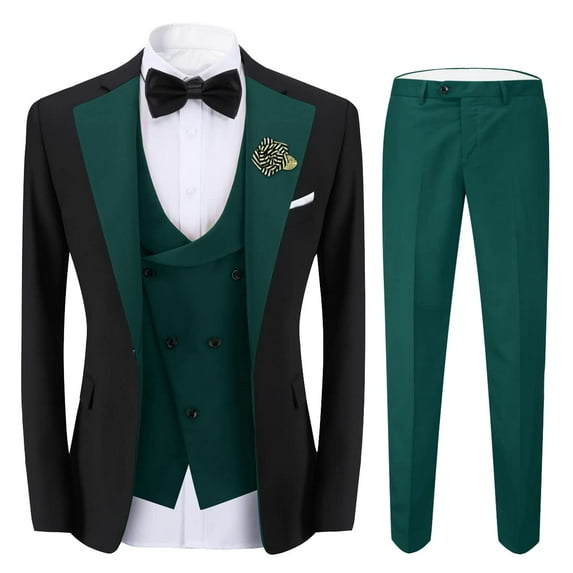 ETHAN Mens Slim Suits Plaid 3 Pieces Polyester for Wedding Business Party Jacket Vest Pants Navy L
