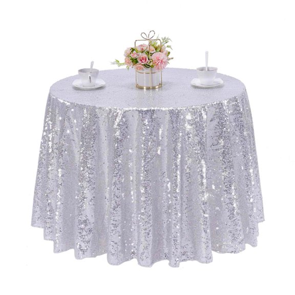 ETHAN Sequin Tablecloth Round Sparkly Table Linen for Wedding Birthday Party Christmas Silver 72 Inch