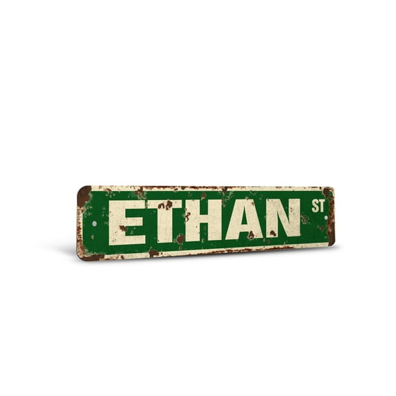 ETHAN Vintage Style Rustic Street Sign – Childrens Name Room Sign Retro Decorative Wall Sign for Home, Bar, Garage, or Outdoor Use | 6" X 24" Aluminum Metal Road Sign