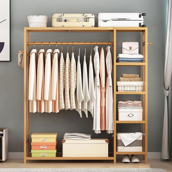 ETHFRF Bamboo Clothes Rack Garment Hanging Rail Rack fr Laundry Hallway Bedroom Storage