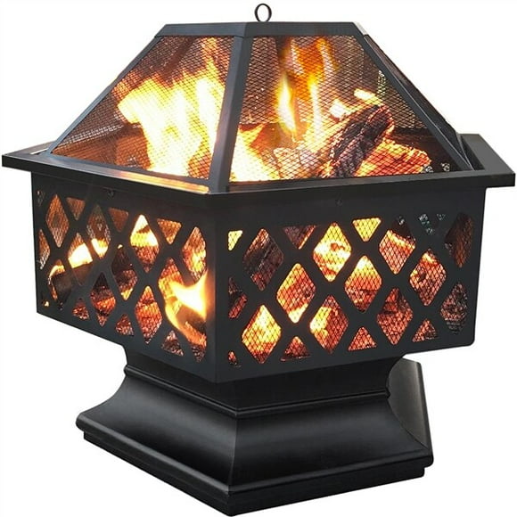 ETHFRF24 inch circular outdoor wooden brazier made of heat-resistant cast ironmaterial with splash proof spark mesh cover and poker tool set, courtyard garden bonfire heating stove