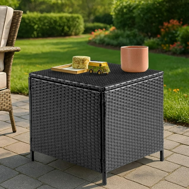 ETHFRFOutdoor Side Table with Storage, 27-Gallon Patio Deck Box Outdoor Wicker Side Table for Poolside Balcony Storage Table (Black, Square)，Black