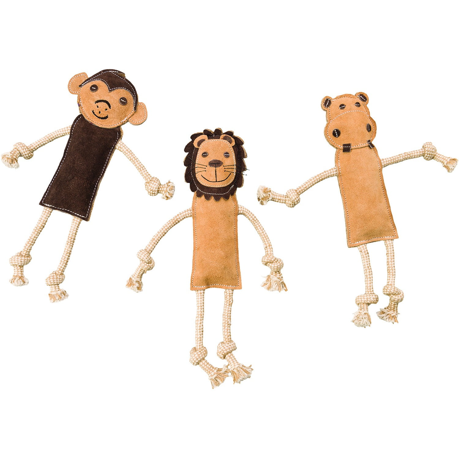 SPOT Leather Dog Toys – Dura-Fused Jungle Animals with Squeakers and Rope Limbs, No-Stuffing, for Light to Moderate Chewers, 14in, 1 Piece