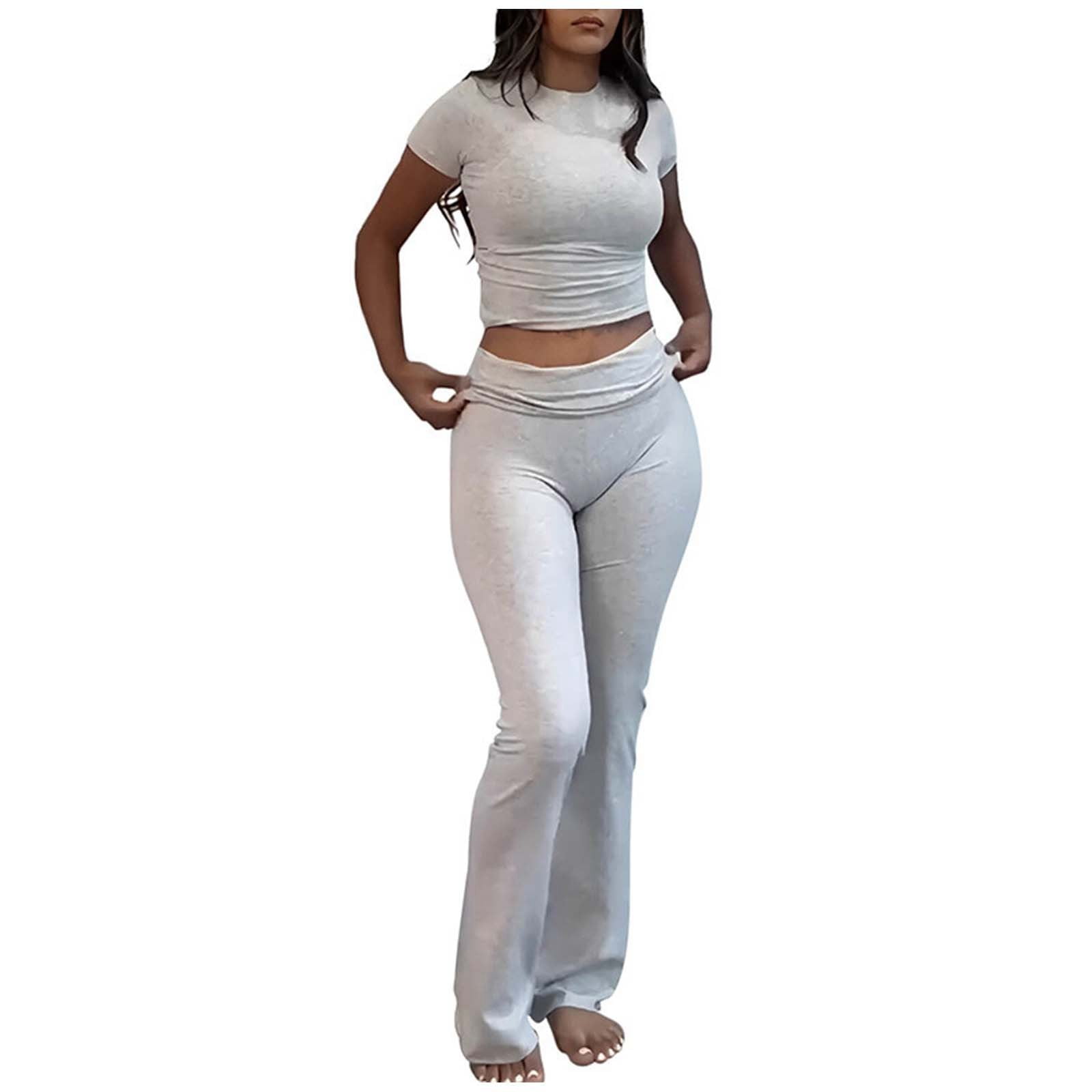 Heather Grey Short-Sleeved Lounge Set with Flare Leggings