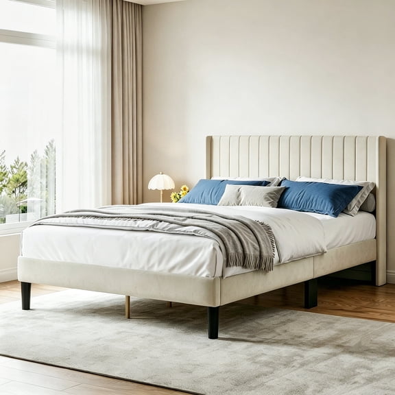 ETHOVIA Full Upholstered Bed Frame, Wooden Bed Frame with Wing-Shaped Foam Headboard, Under-Bed Storage Space Available, No Box Spring Needed, Beige