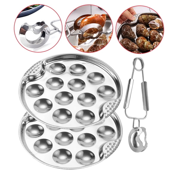 ETHZZLE 1Set Professional Stainless Steel Escargot Tray with Tong for Home and Outdoor Use